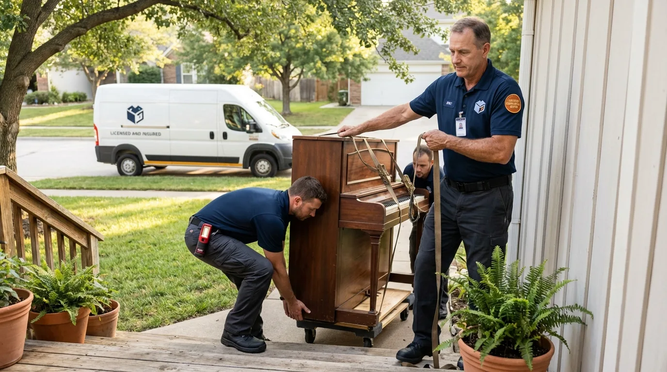 Licensed piano movers securing grand piano in Gordonsville, TN