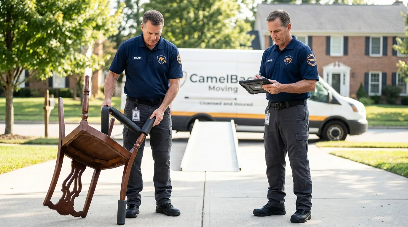 Movers inspecting furniture for damage prevention before loading in Gordonsville, TN