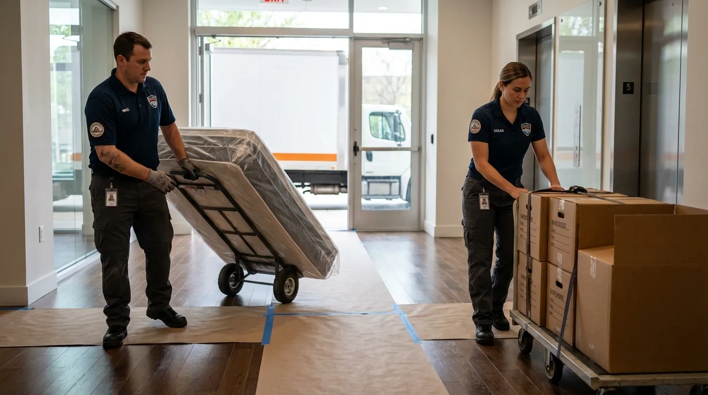 Professional apartment movers loading elevator in Gordonsville, TN