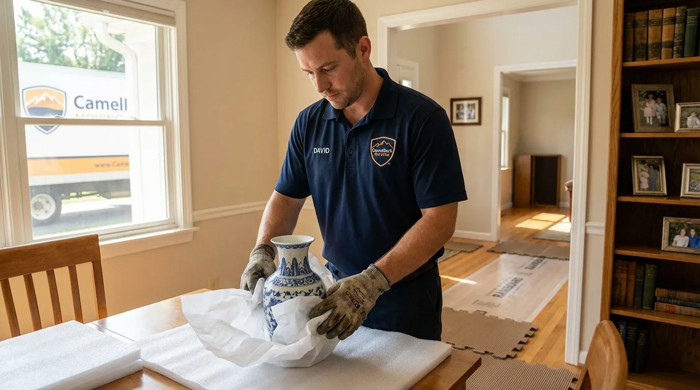 Professional crew carefully wrapping antique vase for senior downsizing move in Gordonsville, TN